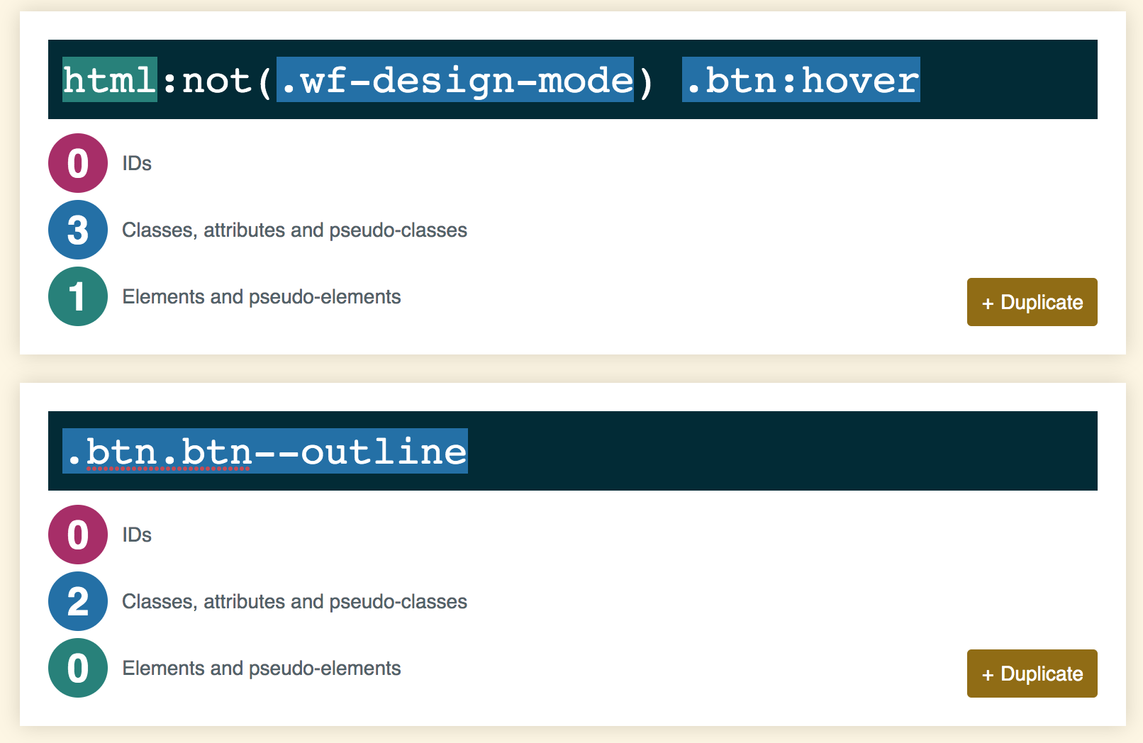 Screenshot of the specificity calculator